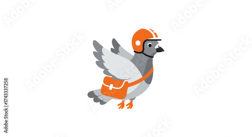 Pigeon wearing helmet and carrying a mailbag, delivery service bird illustration concept