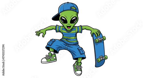 Cool alien character with skateboard cartoon illustration on white background