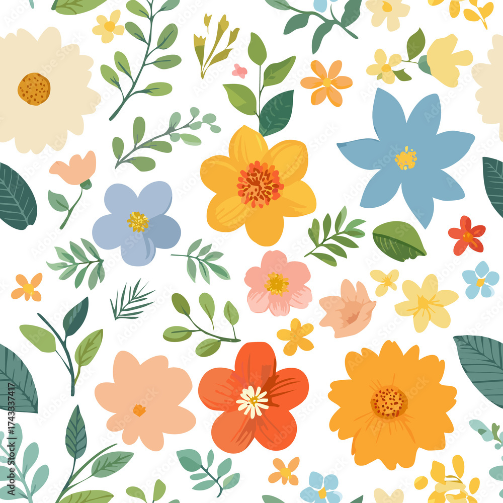 Fototapeta premium A spring-like seamless pattern scattered with brightly colored flowers and leaves