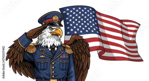 Cartoon Eagle Officer Saluting with American Flag, Patriotic Illustration of Freedom