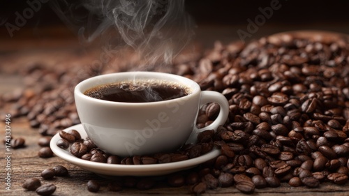 Fragrant steaming coffee in a white ceramic cup surrounded by scattered coffee beans on a rustic wooden table, morning beverage concept, rich aroma, and cozy café atmosphere