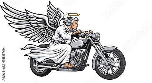 Angel riding a motorcycle with majestic wings artistic representation illustration