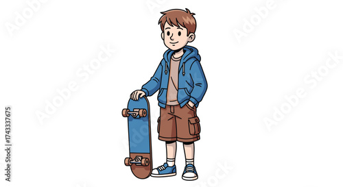 Cartoon illustration of a young boy with a skateboard against a white background image