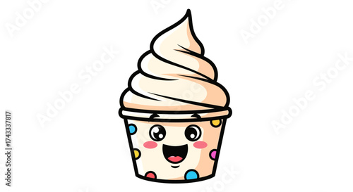 Cute cartoon soft serve ice cream in a polka dot cup with a happy face and smile
