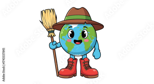 Earth Cartoon Character Cleaning up the Planet with a Broom and Wearing a Hat and Boots