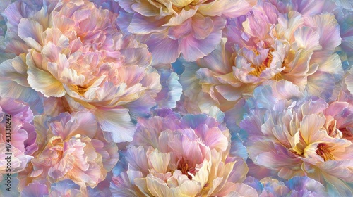 Pastel-colored peony flowers in soft focus, showcasing delicate petals and gentle hues.