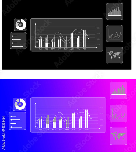 Modern data visualization dashboard with charts and graphs on dark and gradient backgrounds, showcasing a futuristic user interface design.
