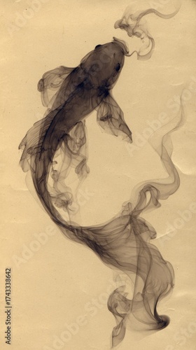 Ink wash painting of a koi fish formed from swirling smoke on aged paper