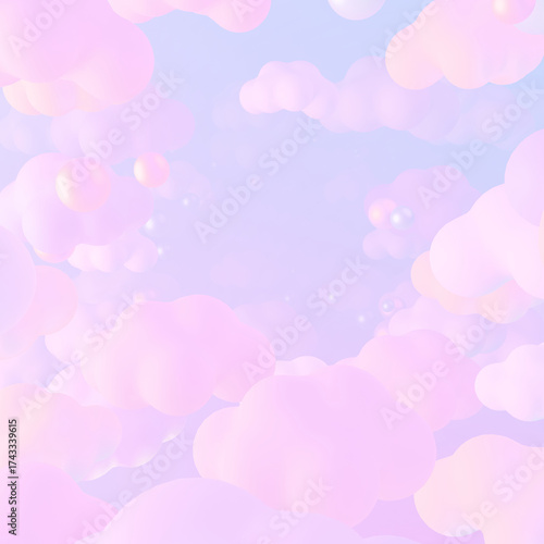 3D render dreamy clouds with glossy spheres.