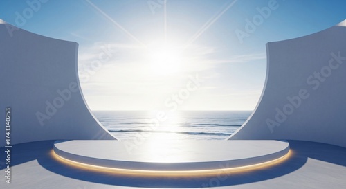 Modern minimalist platform overlooking stunning ocean view for product display