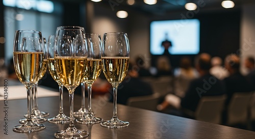 Elegant champagne flutes filled with a light-colored sparkling wine on a bar counter, with a blurred backdrop of a high-tech conference with a keynote speaker. 