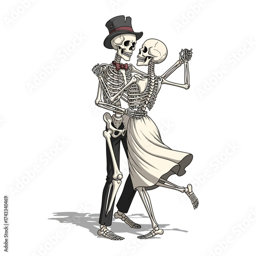 Elegant skeleton couple sharing a romantic dance for Halloween celebrations and spooky designs, perfect for themed parties and unique invitations