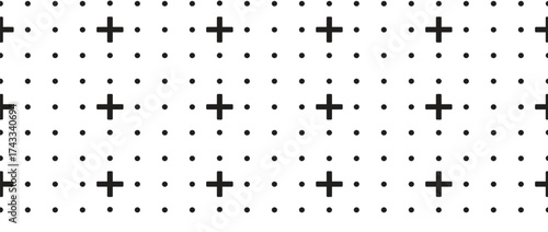 Minimal black plus sign seamless pattern on white background. Modern geometric cross texture for fabric, wallpaper, and digital design. Clean, simple, and stylish vector background.