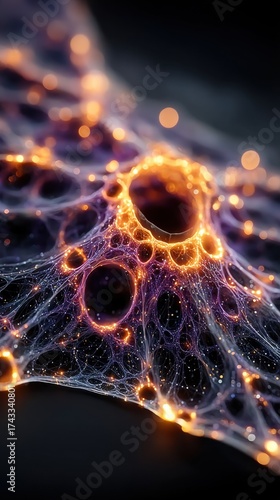 Abstract cellular network with glowing orange nodes and intricate web-like structure