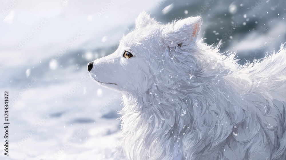 Obraz premium White Arctic fox in snowy landscape with falling snowflakes