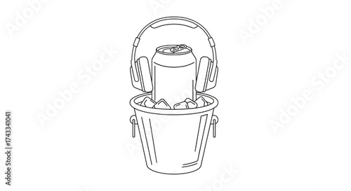 Chilled can of refreshment with headphones rests in an ice bucket line art