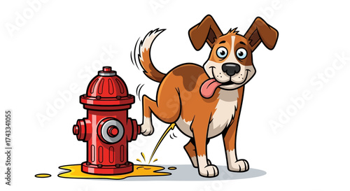 Cartoon dog humorously marking its territory on a vibrant red fire hydrant illustration