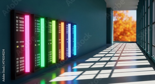 Vibrant server room with colorful lights and sunlit autumn backdrop
