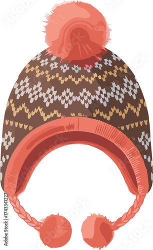 Winter hat, ear flap beanie, pom-pom top, braided tassels, Fair Isle knit, coral lining, zigzag pattern, warm accessory, cozy style