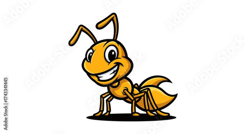 Cartoon ant illustration in vibrant golden tones isolated on a white background