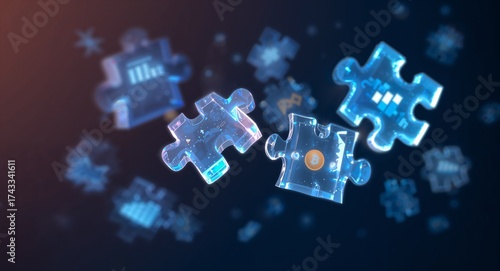Luminous Blue Jigsaw Pieces with Holographic Data Floating in a Digital Void.