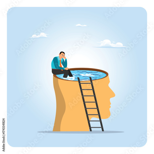 Mindset or thinking process concept. A  man thinking, climbing to sit on top of his brain.