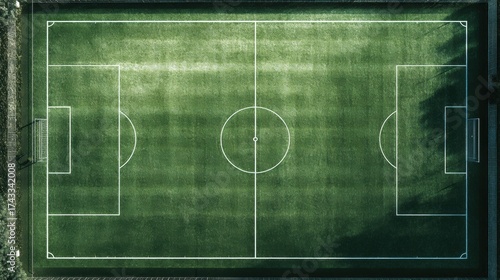 Aerial view of a well-maintained soccer field with clear white markings and green grass.