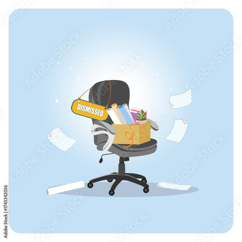 Dismissed Office Chair concept With Box Of Personal Items And Flying Papers In Quiet Modern Office.