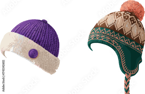 Winter hats, knit beanie, earflap cap, faux fur trim, geometric pattern, braided tassel, pompom detail, cozy fashion, cold weather accessory, warm headwear