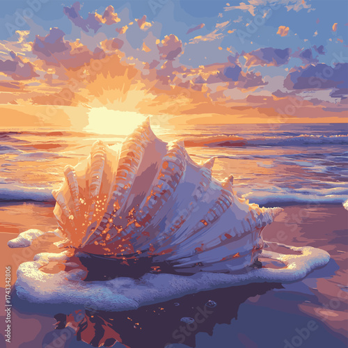 Enchanting sunset beach scene featuring a large, intricately detailed seashell glowing with inner light, casting a radiant glow on its surroundings. , vector style simple color