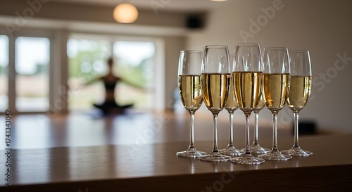 Elegant champagne flutes filled with a light-colored sparkling wine on a bar counter, with a blurred backdrop of a serene, private yoga studio with soft light.