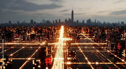 Experience futuristic city skyline with glowing network connections