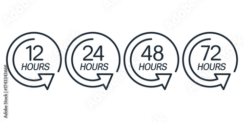 12, 24, 48 and 72 hours clock sign . Service opening hours, work time or delivery service time symbol.Vector linear icon illustration isolated on white background.