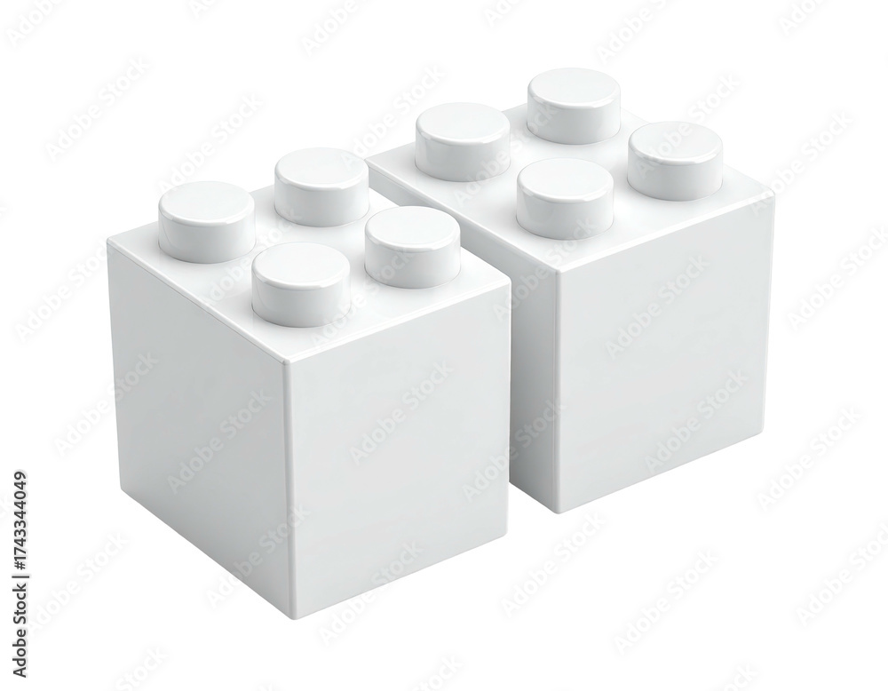 Fototapeta premium Two white toy construction blocks on a black background, studio shot