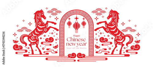Happy chinese new year - Gold horse zodiac between 2026 number of year and line curve around on red texture background vector design