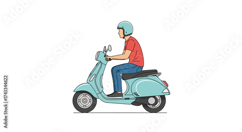 Illustration of a person riding a vintage light blue scooter with helmet on white background