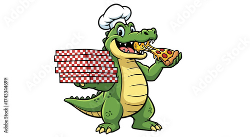 Cartoon Alligator Chef Enjoying Pizza Slice and Holding Stack of Pizza Boxes Illustration