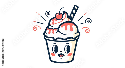 Cute cartoon ice cream sundae with cherry and face expression for dessert design