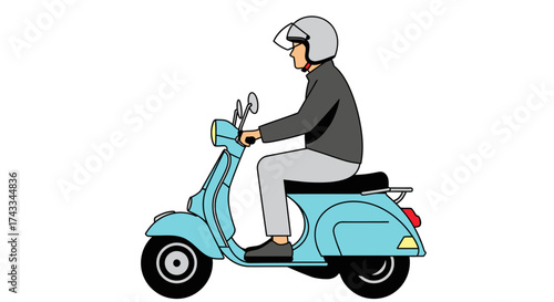 Illustration of a man riding a classic light blue scooter with a helmet on a white background
