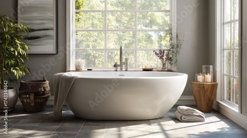 Modern bathroom with freestanding bathtub near large windows, natural light, plants, and candles