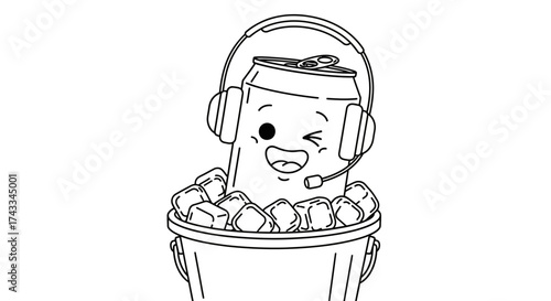 Cartoon beverage can with headset in ice bucket illustration for product promotion