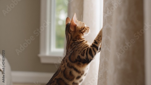A Bengal cat standing on hind legs, reaching up to a window curtain, looking outside.