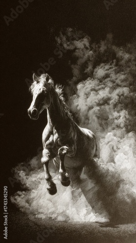 Fototapeta Naklejka Na Ścianę i Meble -  A horse galloping through clouds in a dramatic black and white scene