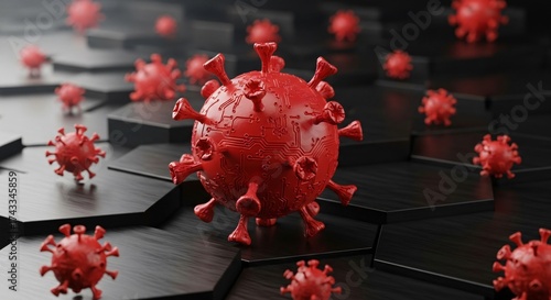 Scientific visualization of a red coronavirus with circuit board design