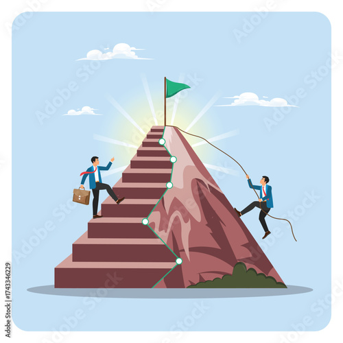 Way to reach business goal. Two Professionals Scale a Mountain Staircase Toward a Flag at Summit.