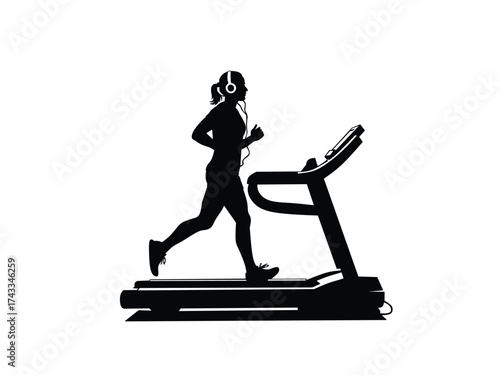 silhouette of woman running on treadmill wearing headphones
