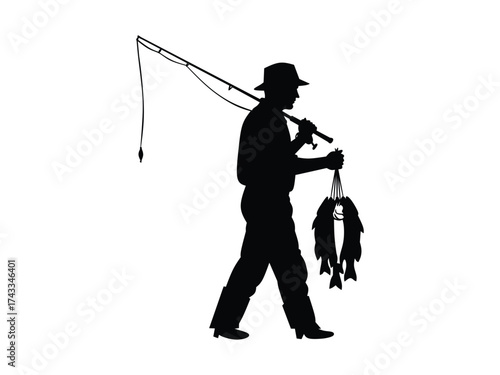 silhouette of a fisherman carrying a hook and fish

