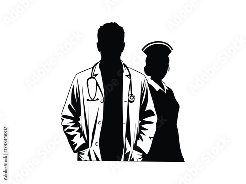 doctor and nurse silhouette isolated on white background 