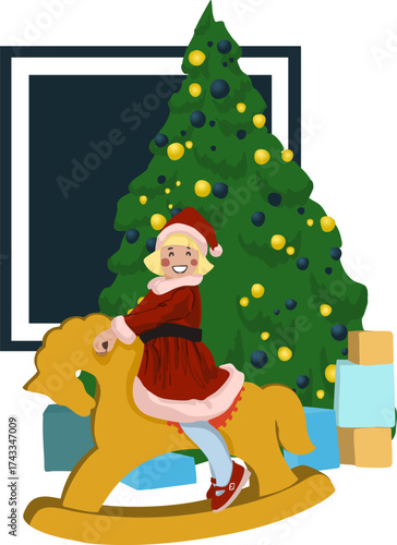 The girl on a horse. Christmas theme. Isolated illustration. Vector illustration.