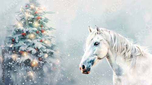 White horse against a Christmas tree background illustration.